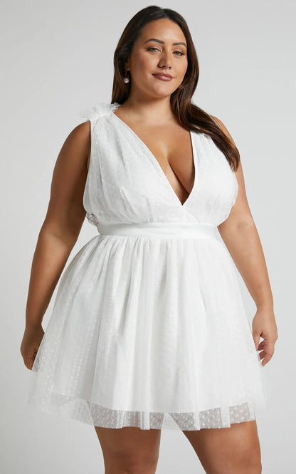Mariabella Mini Dress - Tulle Plunge Dress in White
