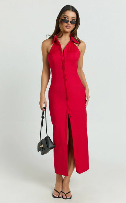 Lillibelle Midi Dress - Collared Button Down Bodycon Dress in Red