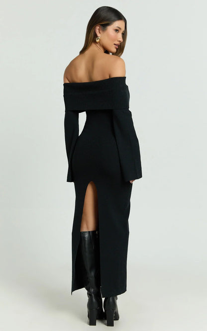 Maisie Midi Dress - Off Shoulder Long Sleeve Fitted Column Knit Dress in Black