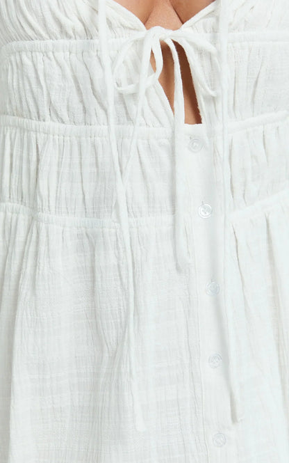 Lucienne Midi Dress - Ruched Button Up Front Dress in White