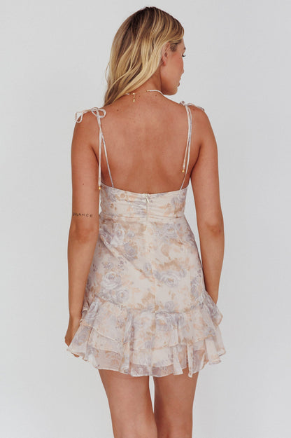 Flower Child Bust Tie Ruffle Trim Dress Rose Floral Print Beige