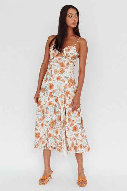 Everglow Shirred Bust Midi Dress Floral Beige