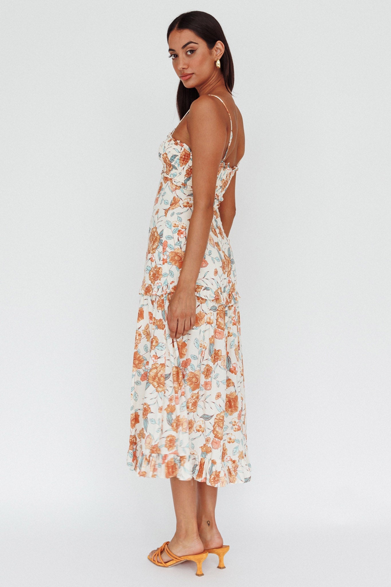 Everglow Shirred Bust Midi Dress Floral Beige