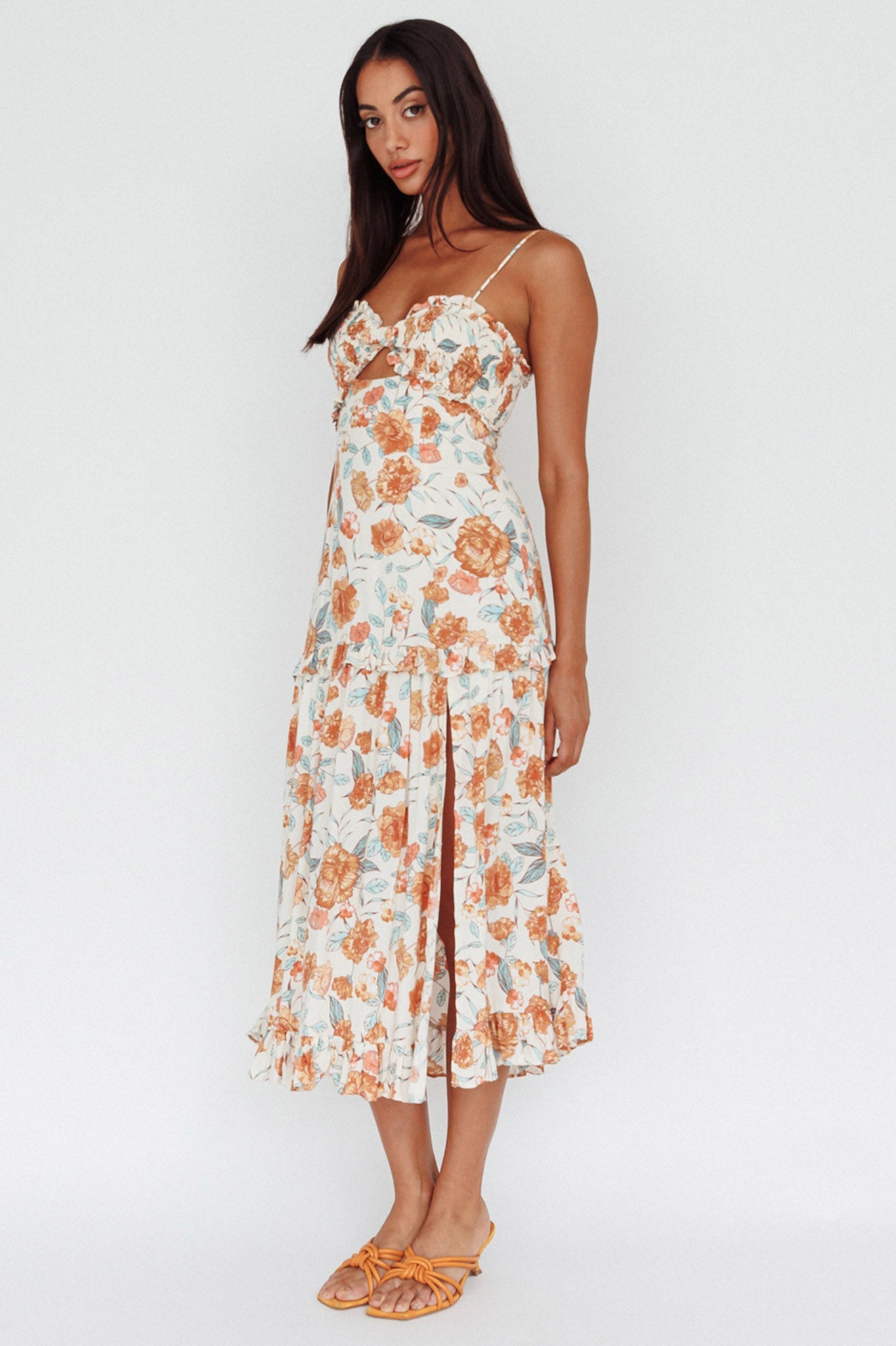 Everglow Shirred Bust Midi Dress Floral Beige