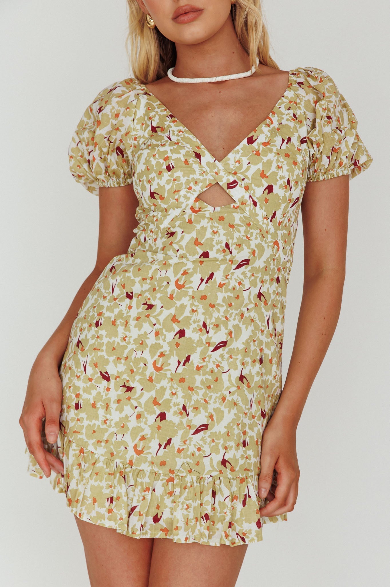Connie Puff Sleeve Mini Dress Floral Olive