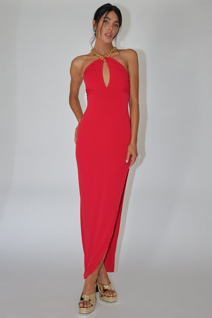 Slow Dance Chain Halter Midi Dress Red