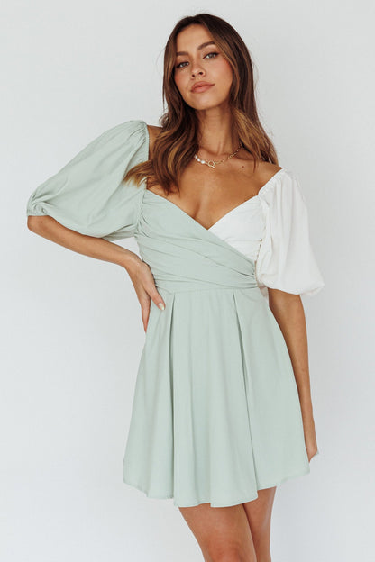 Melie Puff Sleeve Mini Dress Pistachio/White
