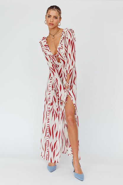Oasis Moon Frill Trim Maxi Dress Printed Ruby