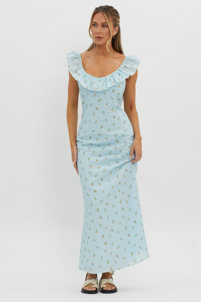 Merci Beaucoup Frill Neckline Maxi Dress Blue