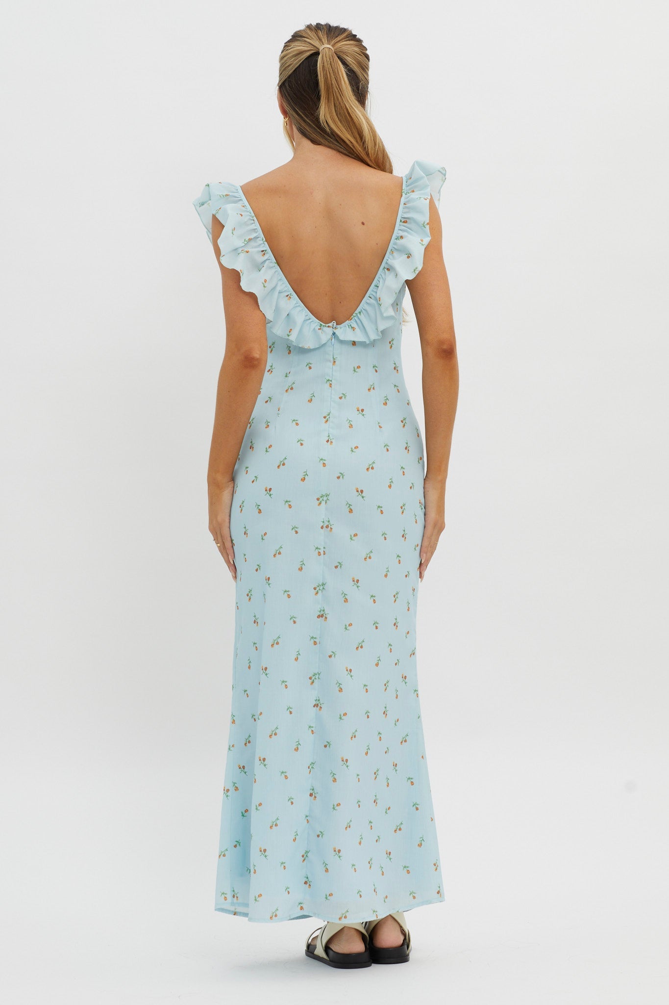 Merci Beaucoup Frill Neckline Maxi Dress Blue