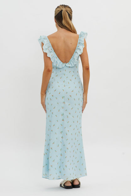 Merci Beaucoup Frill Neckline Maxi Dress Blue