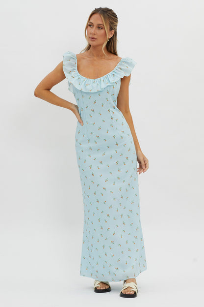 Merci Beaucoup Frill Neckline Maxi Dress Blue