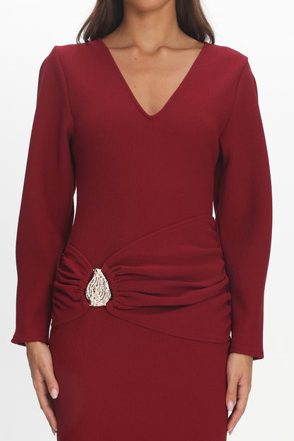 Briona Long Sleeve Buckle Maxi Dress Burgundy