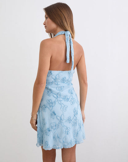 Codami Halterneck Mini Dress in Sequin Knit Pastel Blue