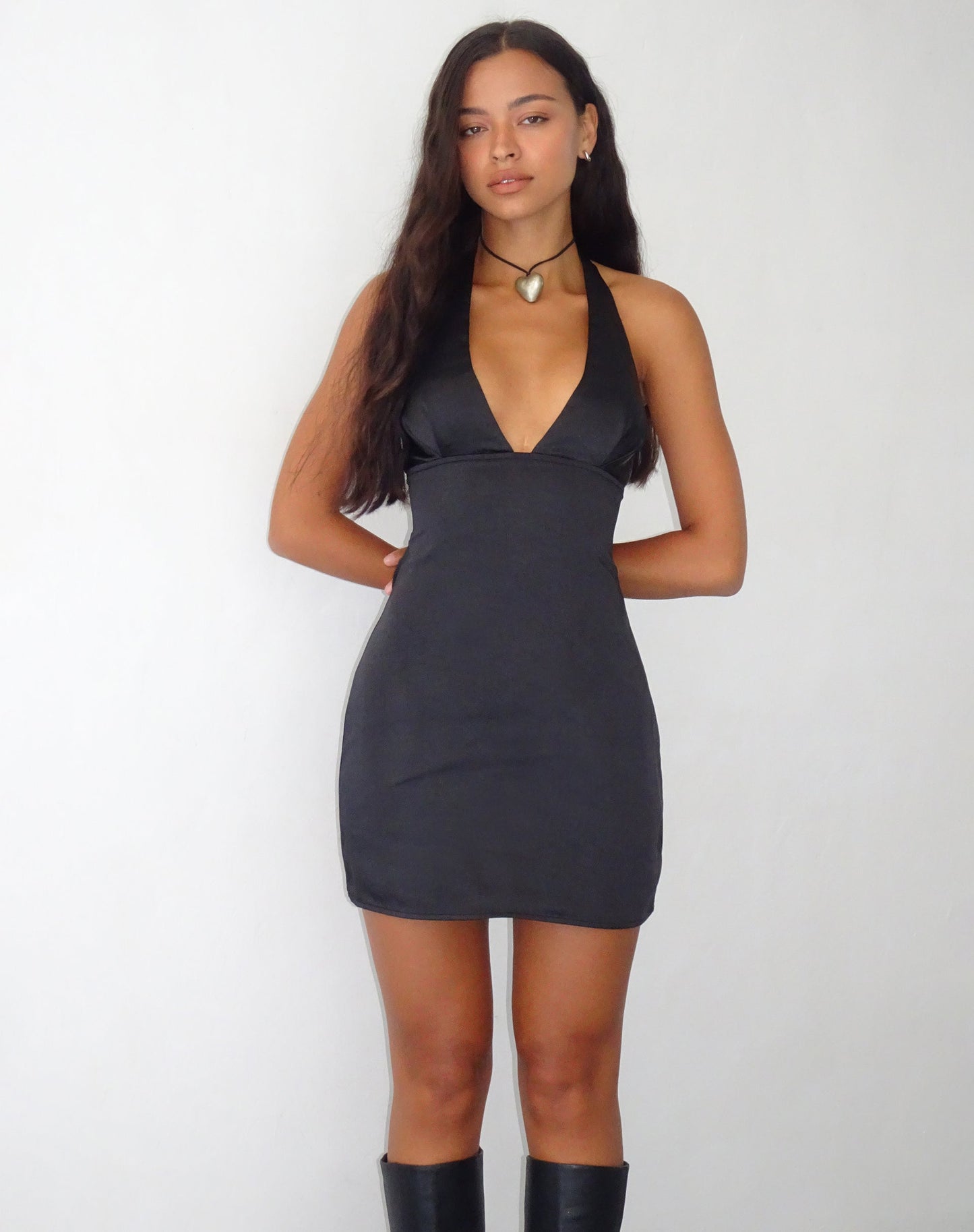 Coda Halterneck Dress in Satin Black