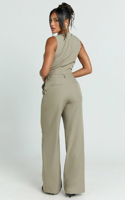 Melinda Pants - Recycled Tailored High Waist Wide Leg Pants in Light Olive