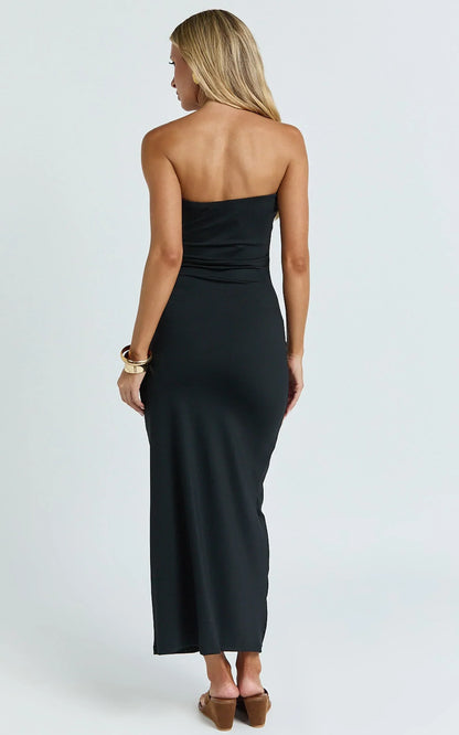 Natasha Midi Dress - Strapless Ruched Column Dress in Black