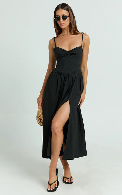 Maddie Midi Dress - Sweetheart Fit And Flare Gathered Dress in Black