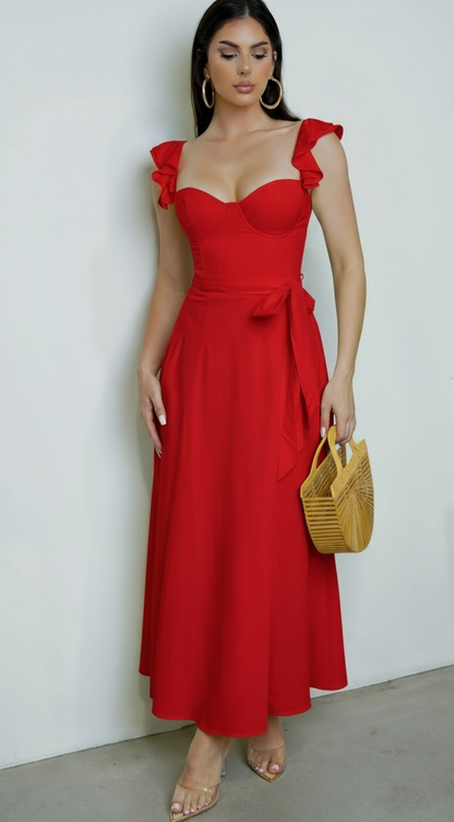 Valeria Corset Ruffle Midi Dress – Red