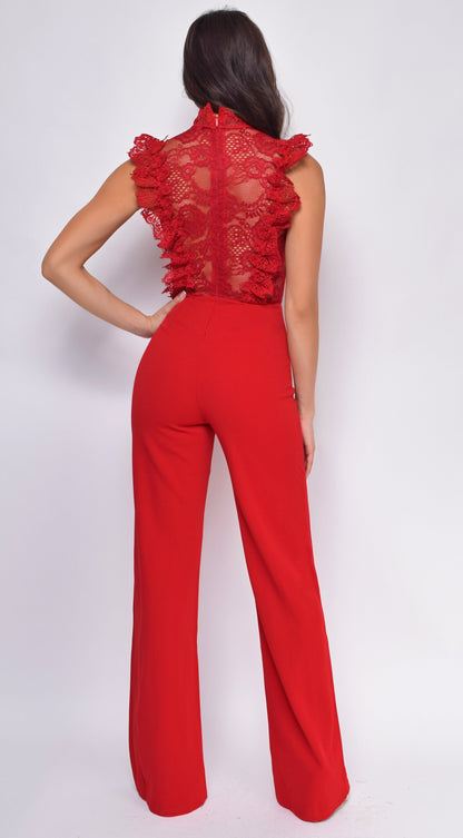 Vanna Crochet Flared leg Jumpsuit - Red