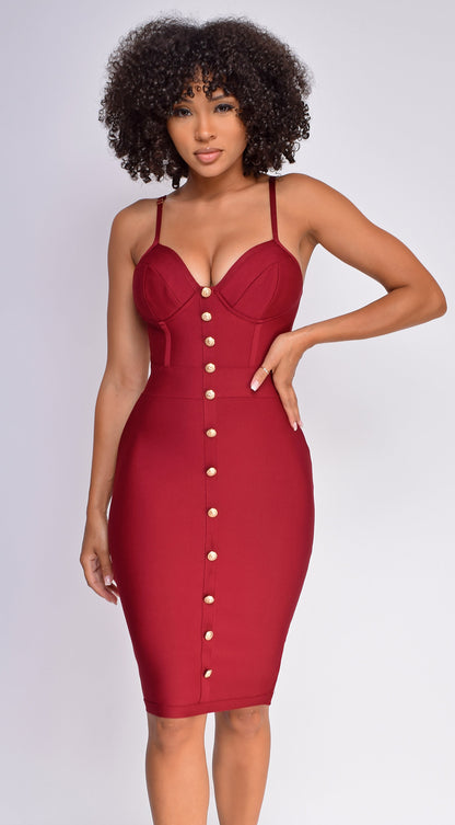 Nelinha Gold Button Bandage Dress - Wine