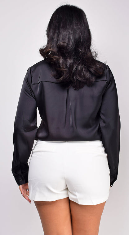 Braylee Satin Button Down Blouse Top - Black