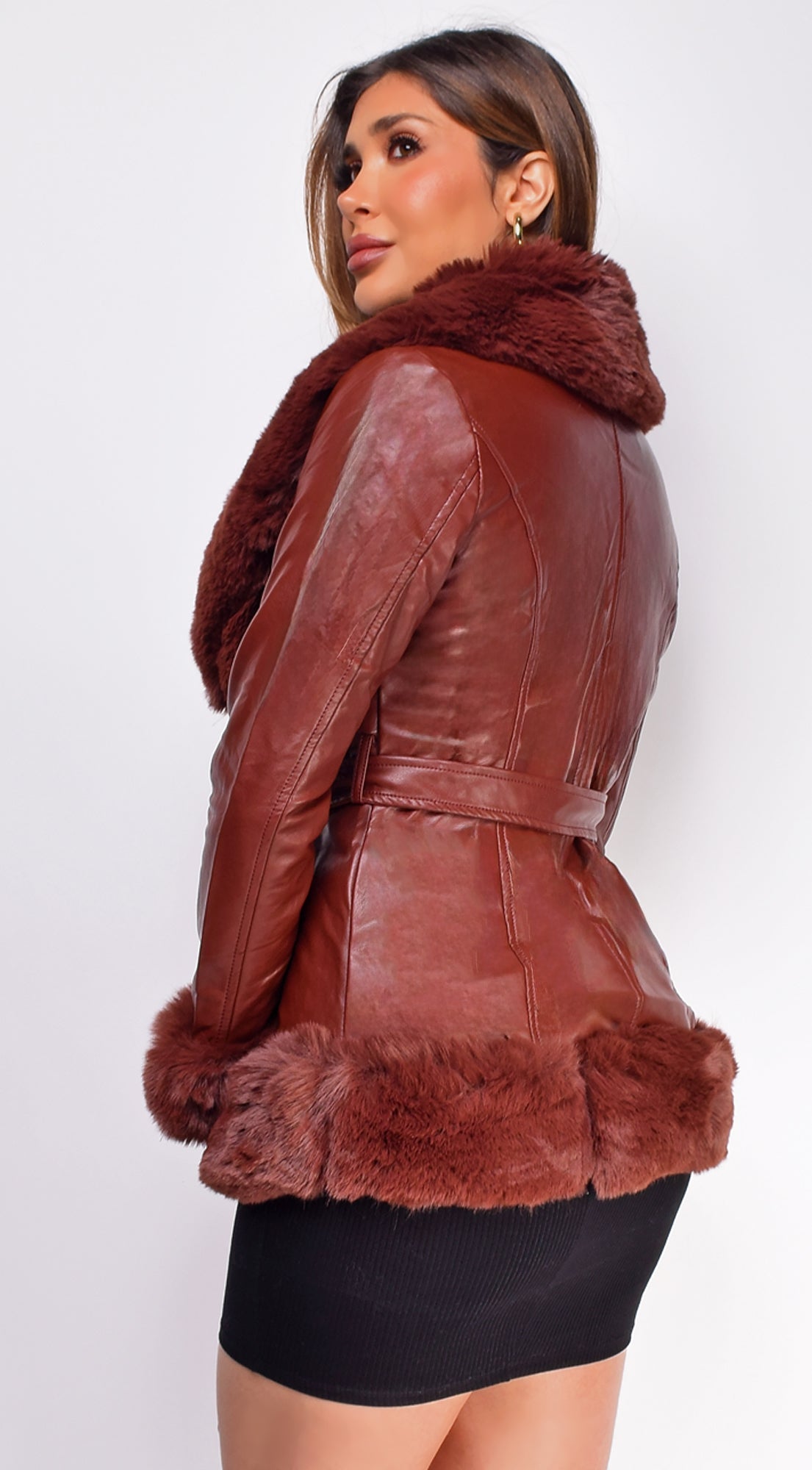 Ekaterina Brown PU Leather Belted Coat