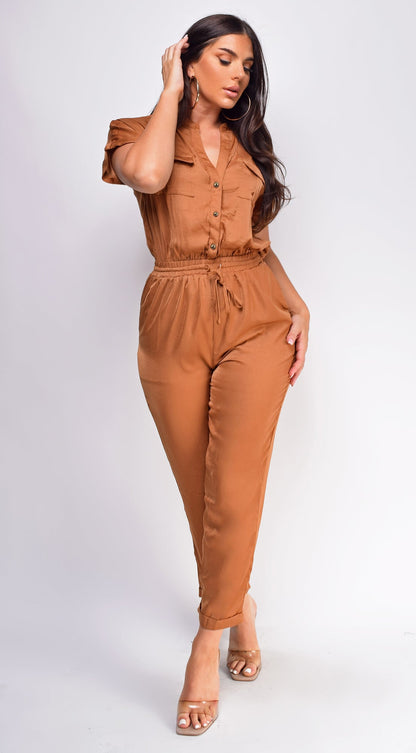 Darya Button Up Jumpsuit - Mocha Brown