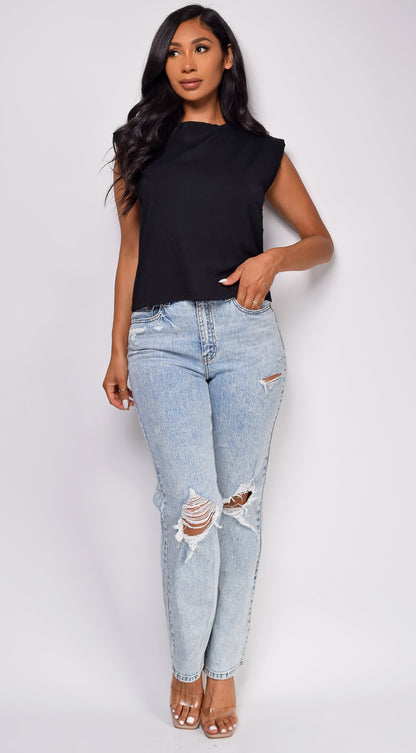 Evalina Light Wash Distressed Straight Leg Denim Jeans