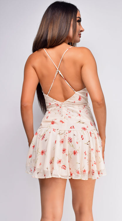 Candace Beige Red Floral Print Mini Dress