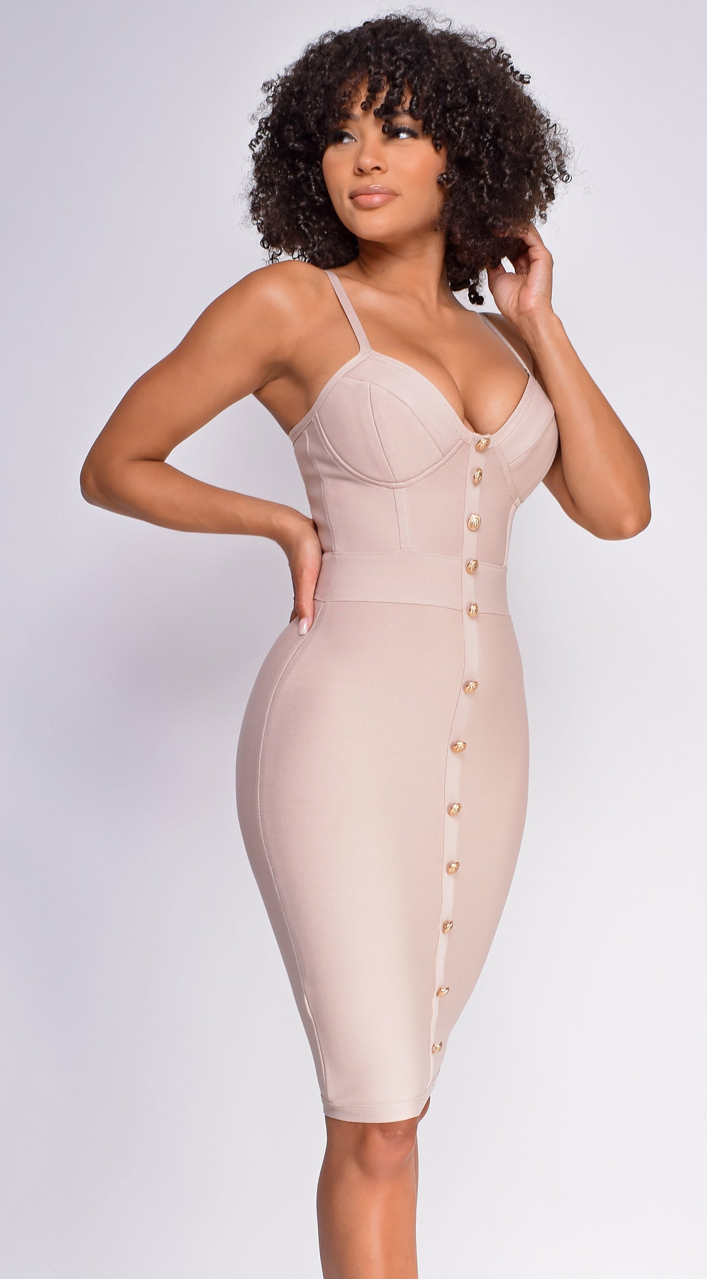 Nelinha Gold Button Bandage Dress - Nude