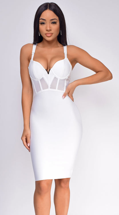 Casella White V Neck Bustier Mesh Bandage Dress