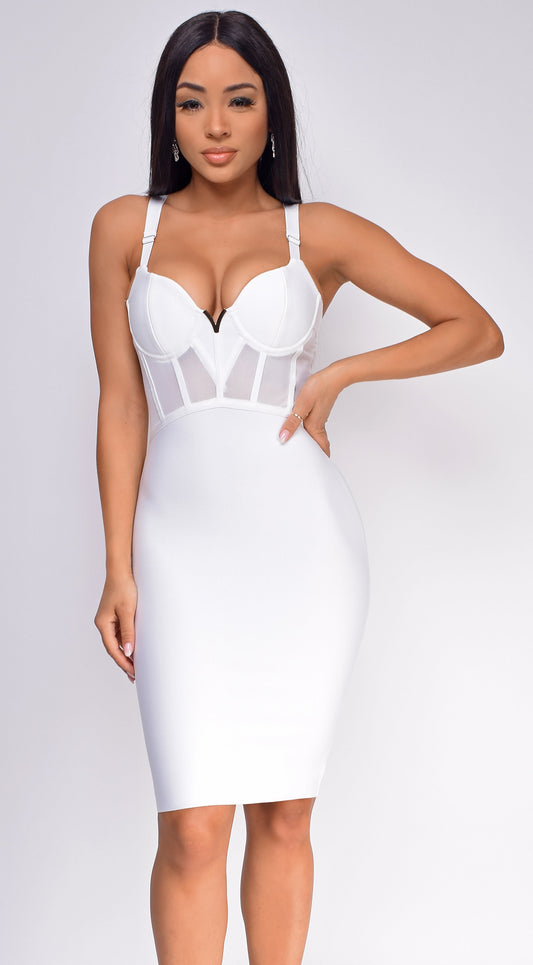 Casella White V Neck Bustier Mesh Bandage Dress