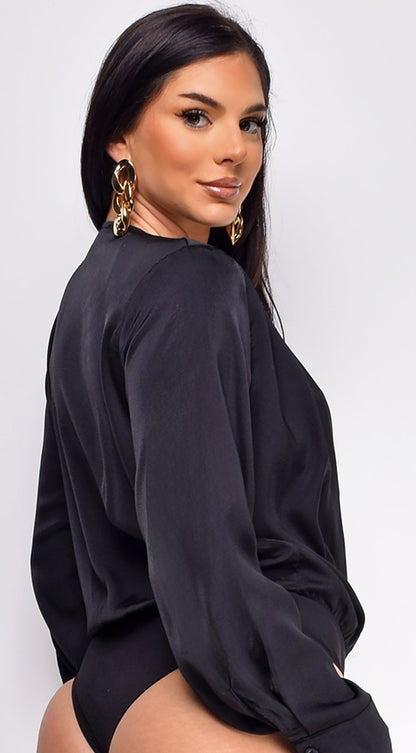 Zana Surplice Pleated V Neck Satin Bodysuit - Black