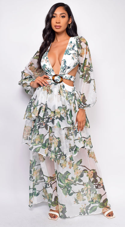 Elle White Green Floral Maxi Dress