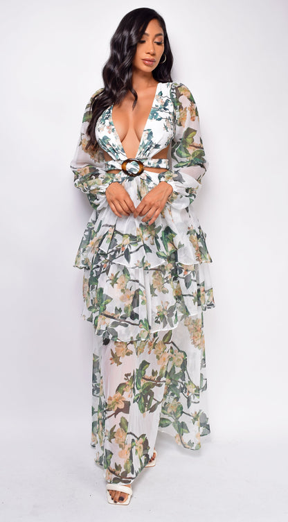 Elle White Green Floral Maxi Dress