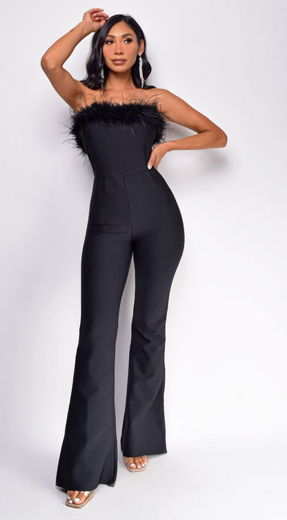Xoey Feather Detail Bandage Jumpsuit - Black