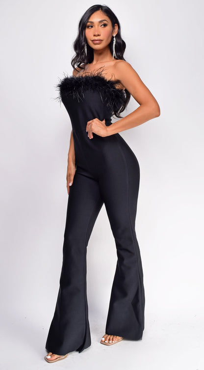 Xoey Feather Detail Bandage Jumpsuit - Black