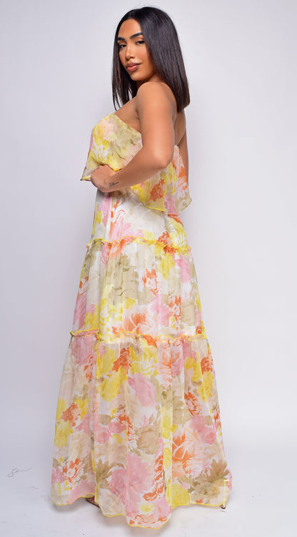 Kelly Yellow Multi Floral Print Tube Sleeveless Side Slit Dress