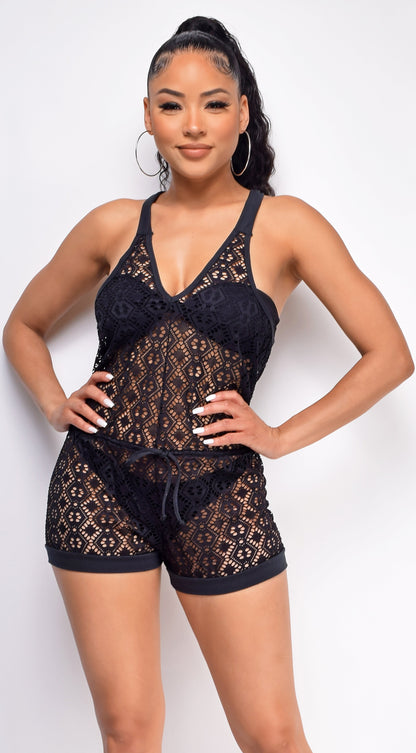 Free Spirit Black Crochet Lace Romper Cover Up
