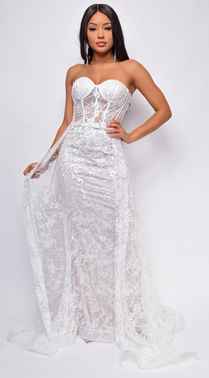 Inverness Strapless Floral Applique Tulle Overskirt Bridal Gown