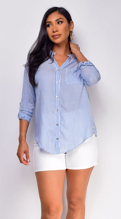 Imena Stripe Button Up Shirt Top - Blue