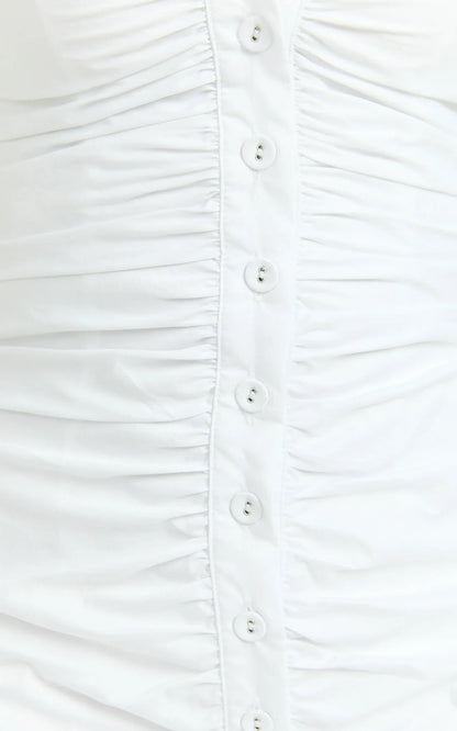 Mya Mini Dress - Scoop Neck Ruched Button Front Puff Sleeve Dress in White