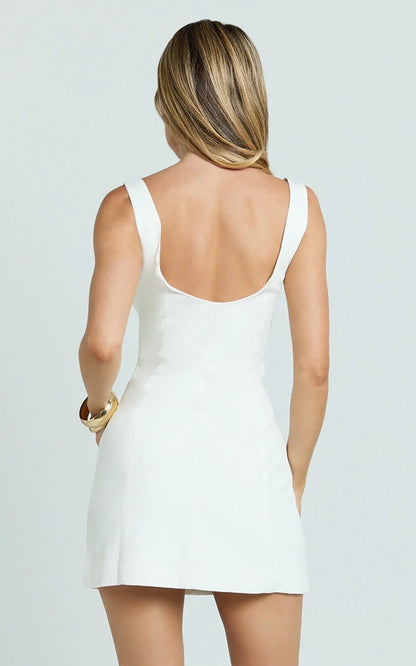 Marcia Mini Dress - Scoop Neck Hook And Eye Front Bodice Fitted Dress in Cream