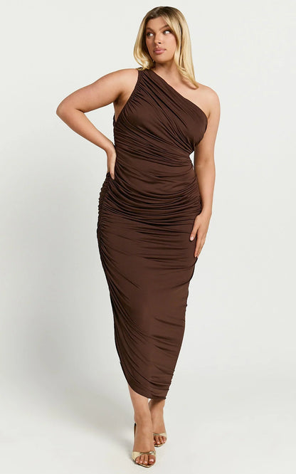 Lovlin Midi Dress - One Shoulder Ruched Dress in Chocolate