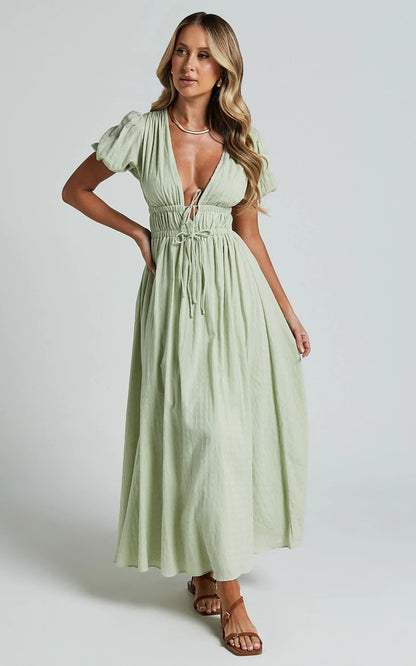 Matteo Midi Dress - Deep V Neck Puff Sleeve Dress in Sage