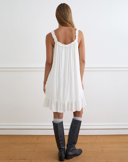 Elowen Frill Mini Dress in Crinkle Off White