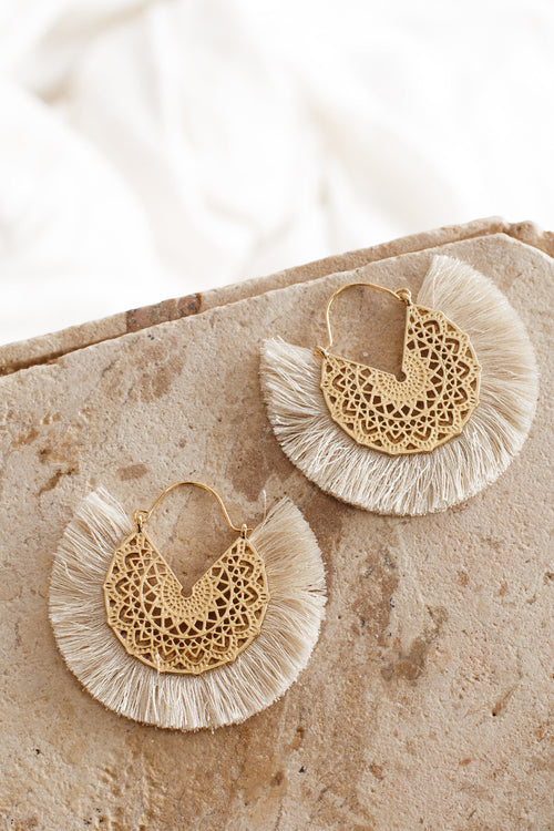 Bali Gold Filigree Fringing Earrings Beige