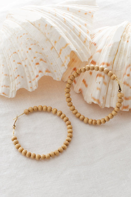 Nala Wooden Bead Hoop Earrings Beige