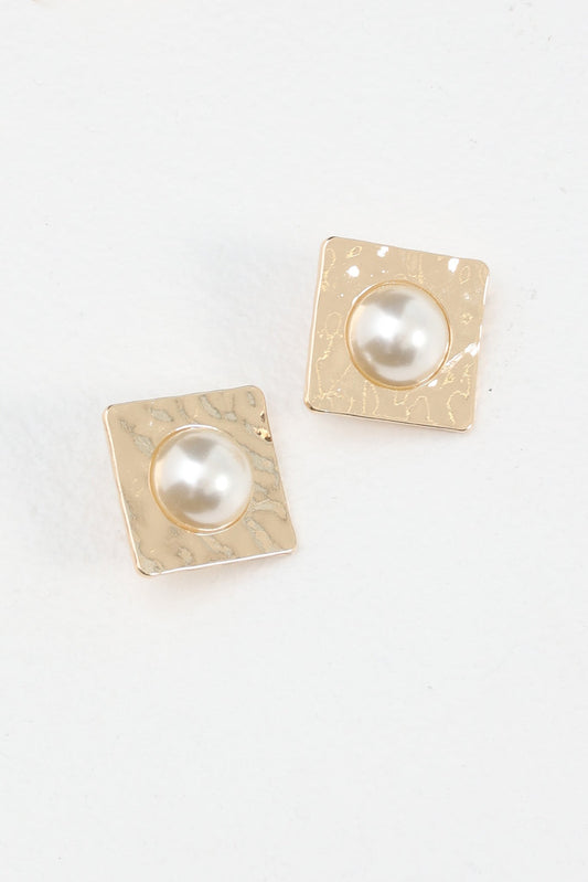 Vanessa Square Hammered Earrings Gold/Pearl